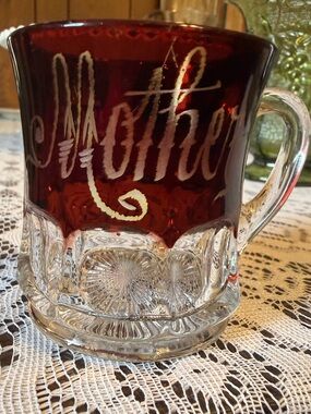 Vintage Collectible Ruby Red Mother Etched Glass Mug with Clear Handle